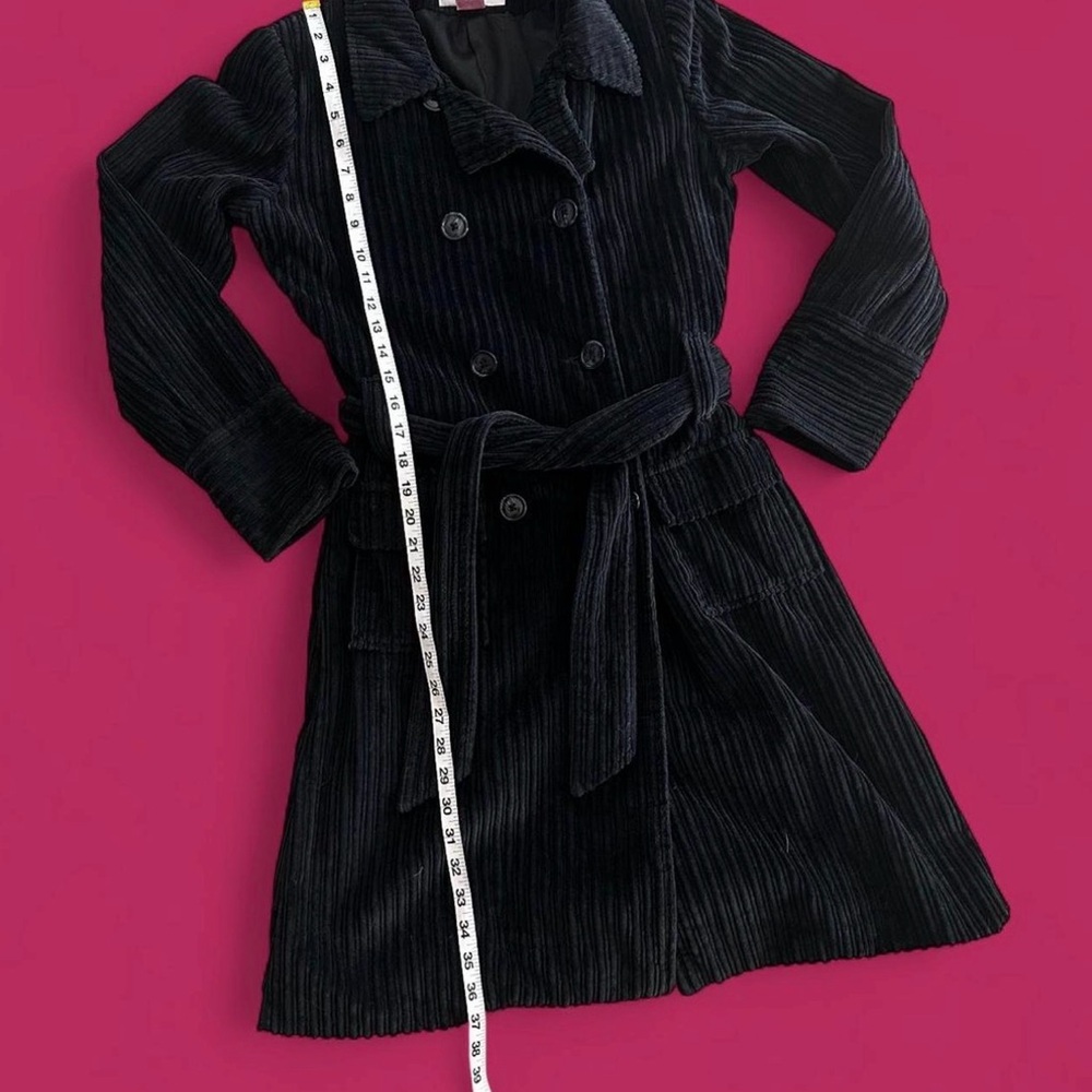 Women's Vintage Black Double Breasted Corduroy Belted Trench Coat Size M - Picture 5 of 9